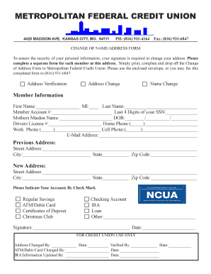 Metropolitan Federal Credit Union Change of Name/Address Form