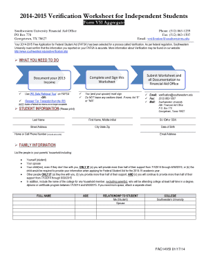 2014-2015 Verification Worksheet for Independent Students