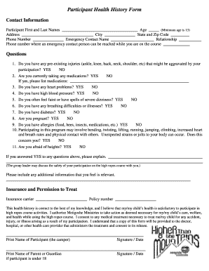 Participant Health History Form