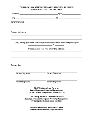 California 30-Day Tenant Vacate Notice
