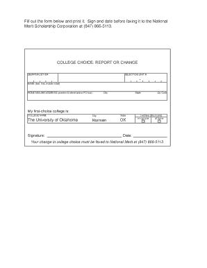 National Merit Scholarship College Choice Form