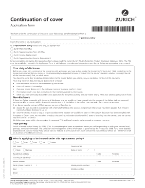 Zurich Continuation of Cover Application Form