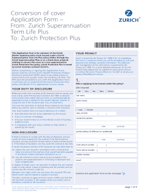 Zurich Superannuation Term Life Plus to Protection Plus Conversion Form