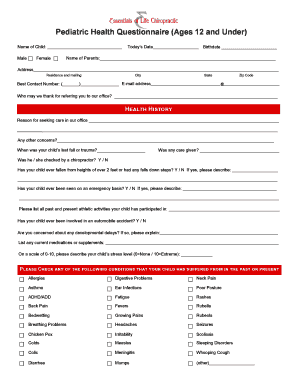 Pediatric Health Questionnaire and Consent Form
