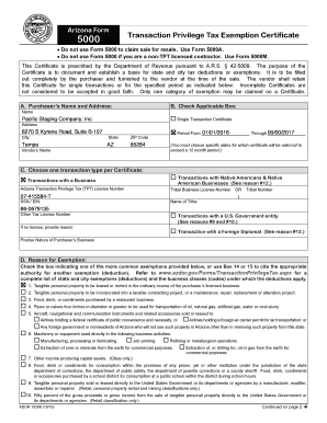 Arizona Form 5000 Transaction Privilege Tax Exemption Certificate