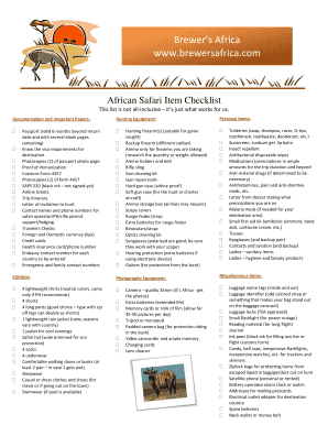 African Safari Item Checklist