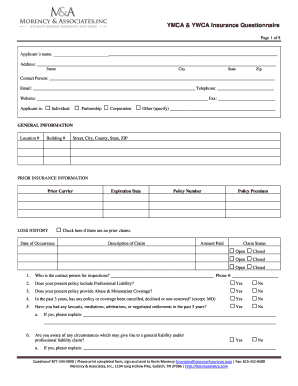 YMCA & YWCA Insurance Questionnaire