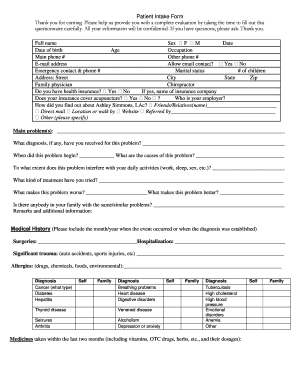 Patient Intake Form for Acupuncture