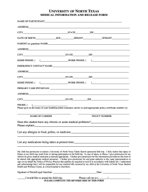 University of North Texas Medical Information and Release Form