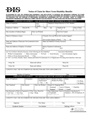 Notice of Claim for Short Term Disability Benefits