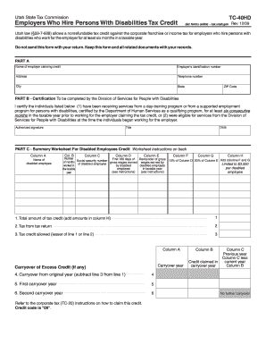 Utah Employers Disability Tax Credit Form TC-40HD