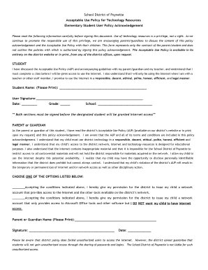 Elementary Student Technology Use Policy Acknowledgement