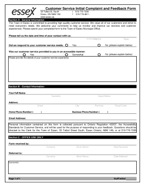 Customer Service Initial Complaint and Feedback Form