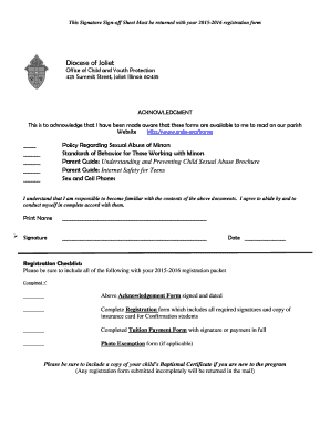 Diocese of Joliet Child Protection Acknowledgement Form