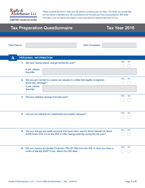 Form 1040 Tax Preparation Questionnaire