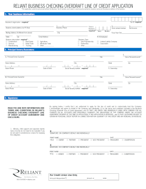 Reliant Business Checking Overdraft Line of Credit Application