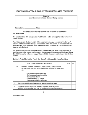 Health and Safety Checklist for Unregulated Child Care Providers