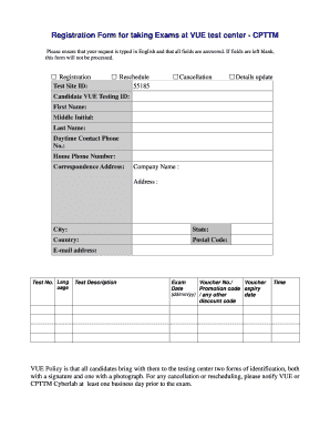 VUE Test Center Exam Registration Form