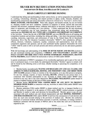 Silver Run Ski Education Foundation Assumption of Risk and Release of Liability