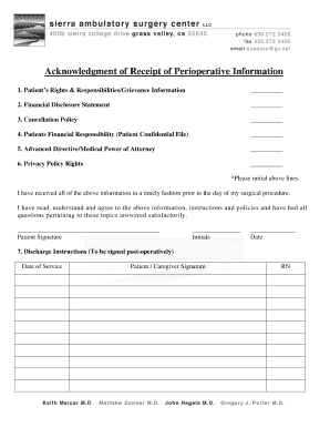 Acknowledgment of Receipt of Perioperative Information