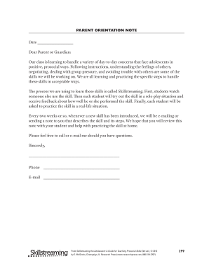 Parent Orientation Note for Skillstreaming