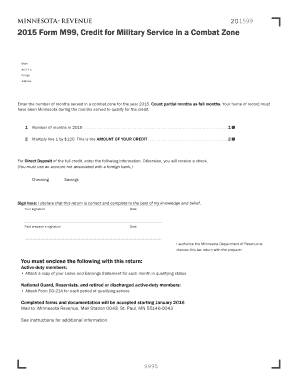 2015 Form M99 Credit for Military Service in a Combat Zone