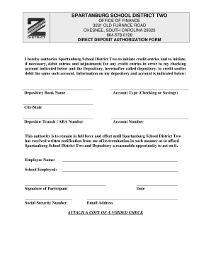 Spartanburg School District Two Direct Deposit Authorization Form