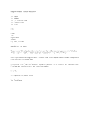 Sample Resignation Letter Due To Relocation from www.pdffiller.com