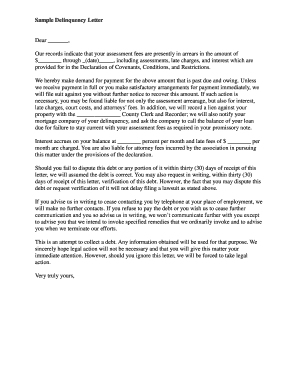 Sample Delinquency Letter Here is a basic sample of a letter that might be sent to a party who is behind in his or her payments to you or your company