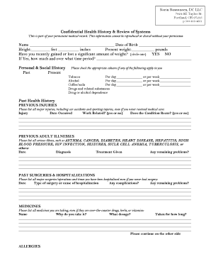 Confidential Health History & Review of Systems Form
