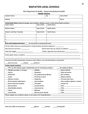 Ohio Student Health History Form