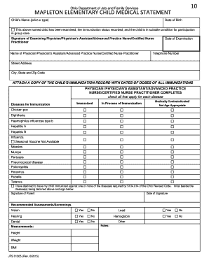 Ohio Child Immunization Form