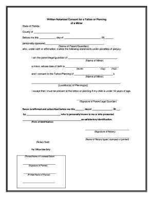 Written Notarized Consent for a Tattoo or Piercing of a Minor
