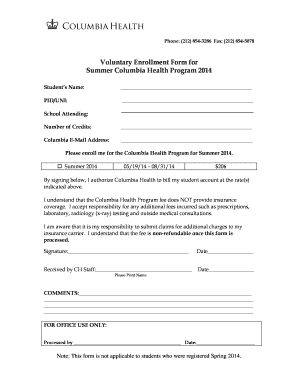 Voluntary Enrollment Form for Summer Columbia Health Program