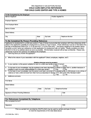 Ohio Child Care Employee Reference Form