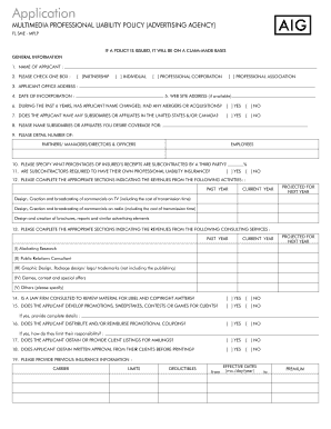Multimedia Professional Liability Policy Application