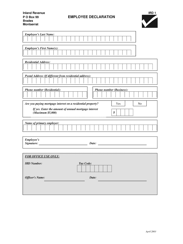 Fillable Online ird gov Inland Revenue IRD 1 P O Box 99 EMPLOYEE DECLARATION Fax Email Print