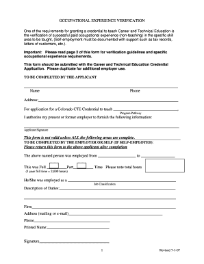 Occupational Experience Verification Form