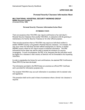 APPENDIX BB Personal Security Clearance Information Sheet