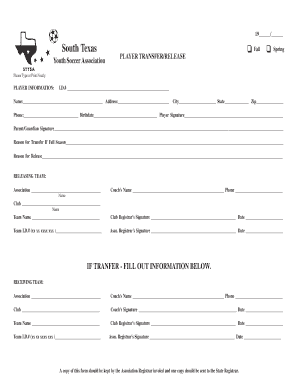 Youth Soccer Player Transfer Release Form