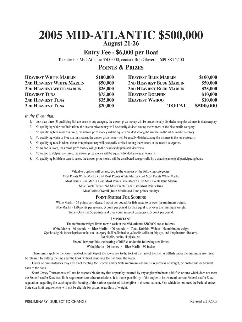 2005 MID-ATLANTIC $500,000 August 21-26 Entry Fee - $6,000 per Boat To enter the Mid-Atlantic $500,000, contact Bob Glover at 609-884-2400 POINTS and Preview on Page 1