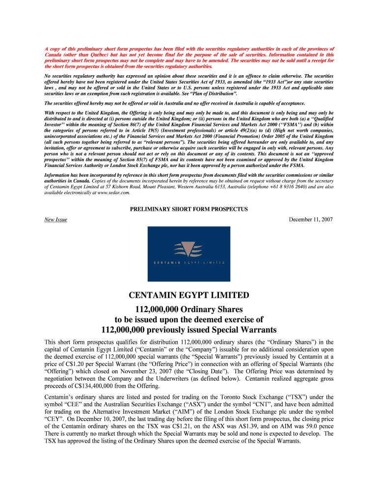 Fillable Online Preliminary Short Form Prospectus Centamin Fax Email