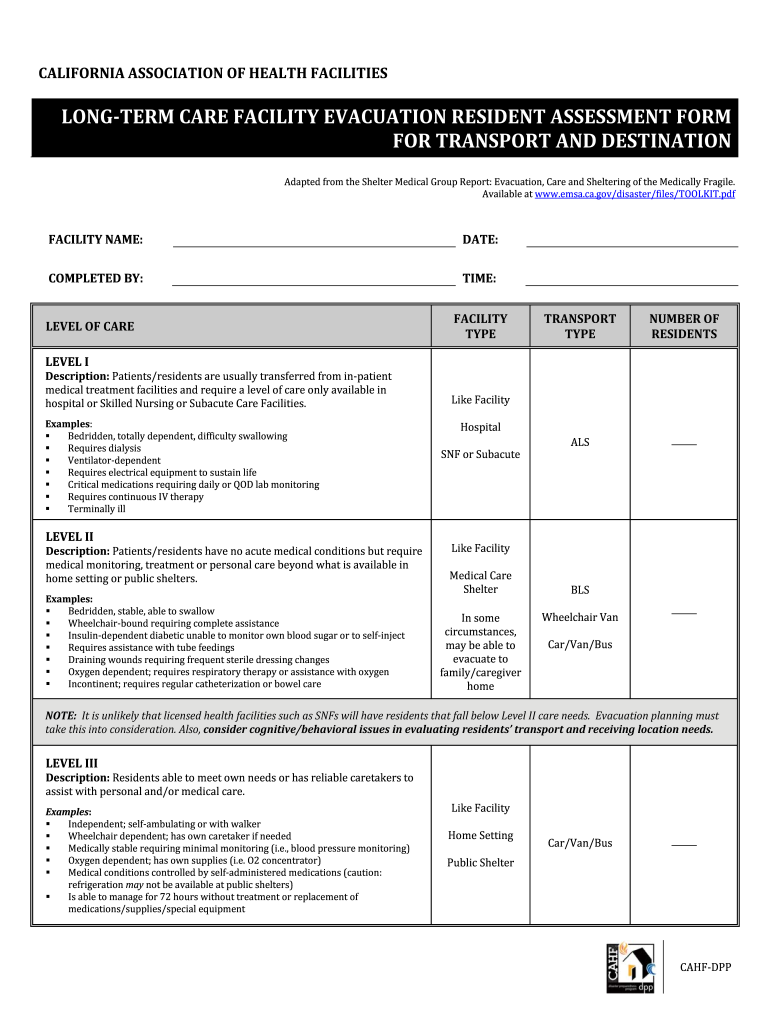 Long Term Evacuation Resident Assessment Form Edit Fill Online