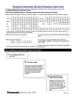 Panasonic Camcorder SD Card Promotion Claim Form