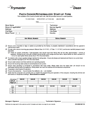 PASTA COOKER/RETHERMALIZER START-UP FORM - Frymaster