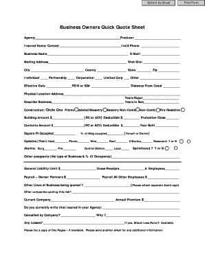 Business Owners Quick Quote Sheet