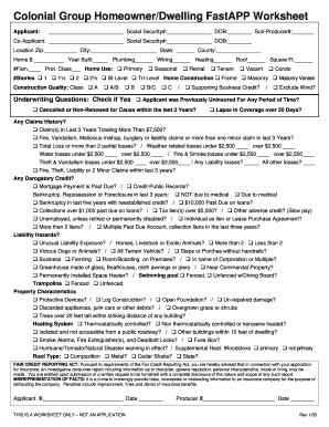 Colonial Group Homeowner/Dwelling FastAPP Worksheet