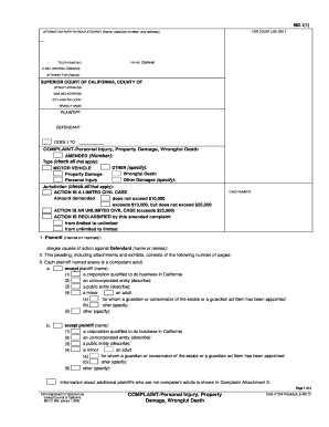 California Personal Injury Complaint Form