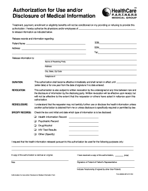 Authorization for Use and/or Disclosure of Medical Information