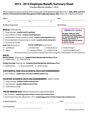 2013-2014 Employee Benefit Summary Sheet